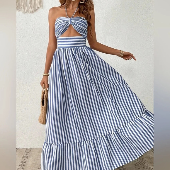 Vacation Striped Print Cut Out Ruffle Hem One Piece Summer Beach Halter Dress - Picture 1 of 6